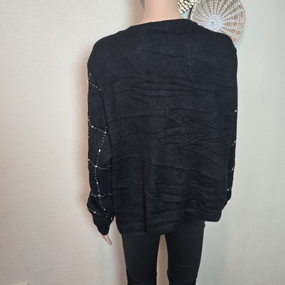 BP Designs Christmas Poinsettia Black Beaded Cardigan Sweater Size LARGE - Picture 2 of 8